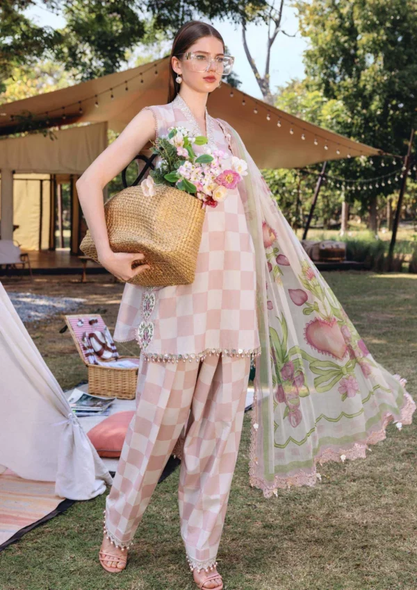 Maria B M.Prints Spring Summer Lawn ’26-6A off-white and pink unstitched embroidered printed lawn shirt with Ghera R+L patches, cambric trouser, and printed chiffon dupatta