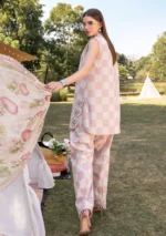 Maria B M.Prints Spring Summer Lawn ’26-6A off-white and pink unstitched embroidered printed lawn shirt with Ghera R+L patches, cambric trouser, and printed chiffon dupatta, back