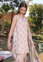 Maria B M.Prints Spring Summer Lawn ’26-6A off-white and pink unstitched embroidered printed lawn shirt with Ghera R+L patches, cambric trouser, and printed chiffon dupatta, shirt close up