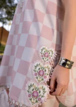 Maria B M.Prints Spring Summer Lawn ’26-6A off-white and pink unstitched embroidered printed lawn shirt with Ghera R+L patches, cambric trouser, and printed chiffon dupatta, side daman patch closeup