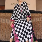 Maria B M.Prints Spring Summer Lawn ’26-6B off-white and black unstitched embroidered printed lawn shirt with Ghera R+L patches, cambric trouser, and printed chiffon dupatta