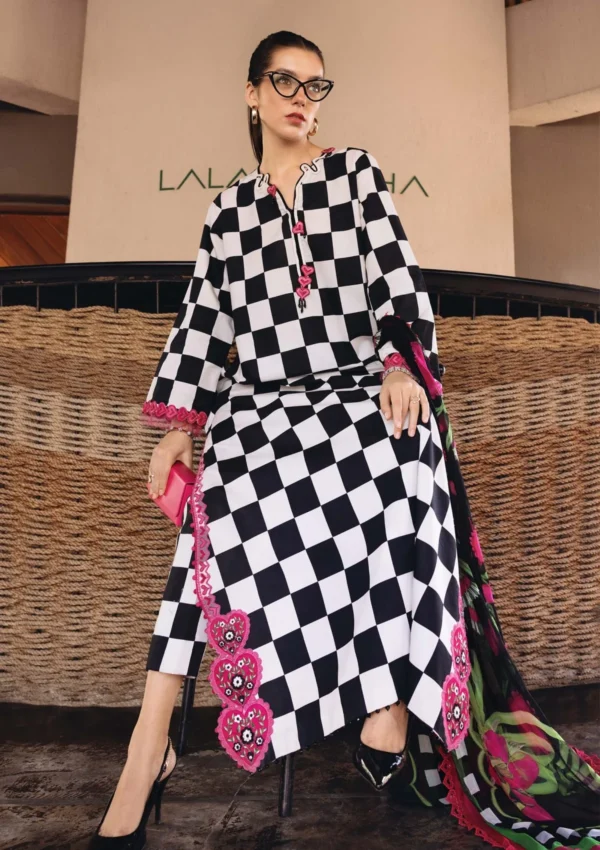 Maria B M.Prints Spring Summer Lawn ’26-6B off-white and black unstitched embroidered printed lawn shirt with Ghera R+L patches, cambric trouser, and printed chiffon dupatta