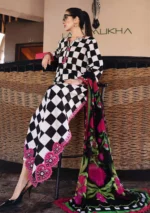 Maria B M.Prints Spring Summer Lawn ’26-6B off-white and black unstitched embroidered printed lawn shirt with Ghera R+L patches, cambric trouser, and printed chiffon dupatta, side look