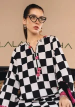 Maria B M.Prints Spring Summer Lawn ’26-6B off-white and black unstitched embroidered printed lawn shirt with Ghera R+L patches, cambric trouser, and printed chiffon dupatta, shirt front