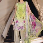 Maria B M.Prints Spring Summer Lawn ’26-9A green unstitched embroidered printed lawn shirt with embroidered neckline, dyed/printed cambric trouser, and printed chiffon dupatta