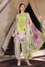 Maria B M.Prints Spring Summer Lawn ’26-9A green unstitched embroidered printed lawn shirt with embroidered neckline, dyed/printed cambric trouser, and printed chiffon dupatta