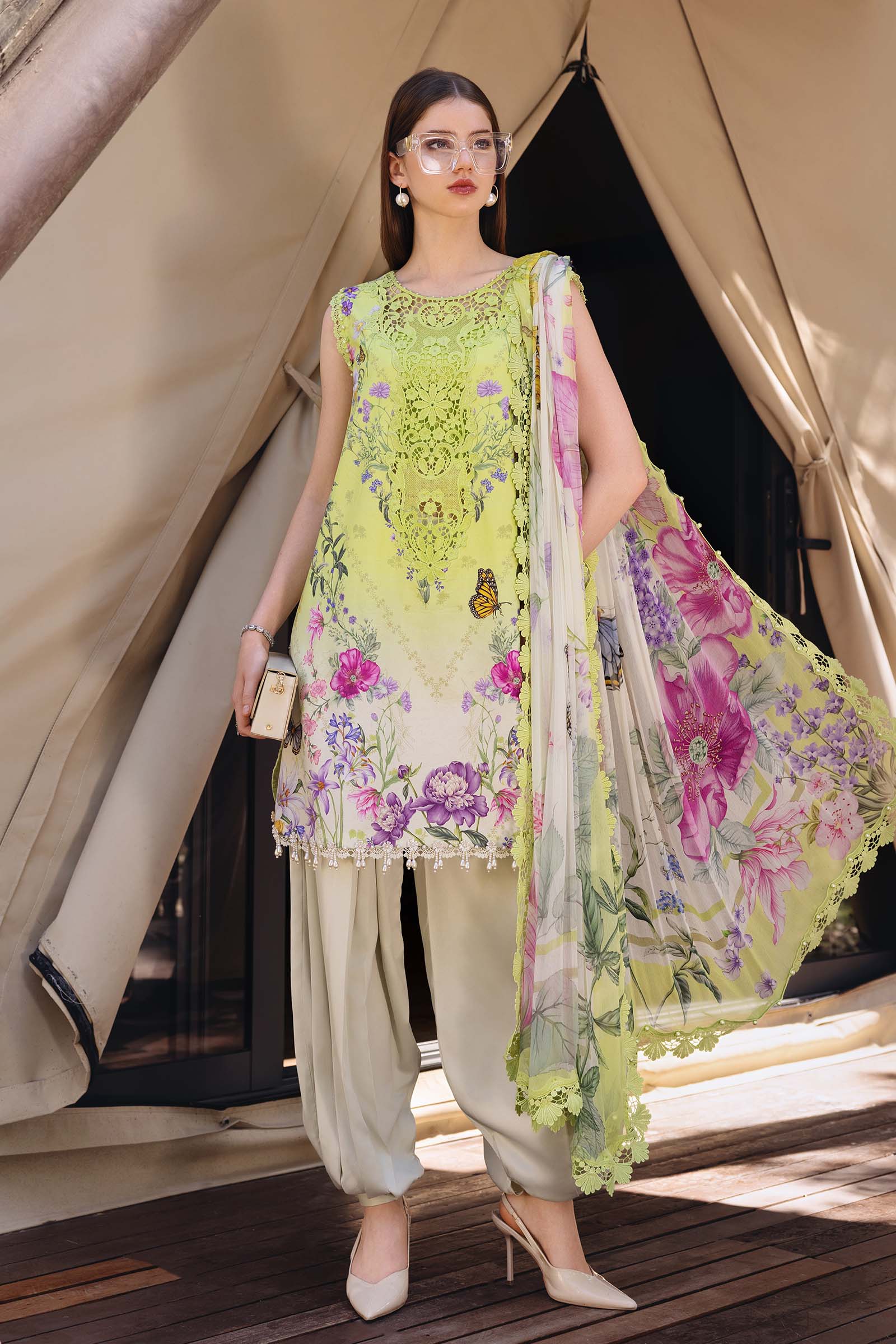 Maria B M.Prints Spring Summer Lawn ’26-9A Maria B M.Prints Spring Summer Lawn ’26-9A green unstitched embroidered printed lawn shirt with embroidered neckline, dyed/printed cambric trouser, and printed chiffon dupatta