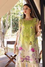 Maria B M.Prints Spring Summer Lawn ’26-9A green unstitched embroidered printed lawn shirt with embroidered neckline, dyed/printed cambric trouser, and printed chiffon dupatta, front