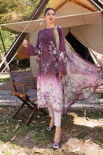 Maria B M.Prints Spring Summer Lawn ’26-9B plum unstitched embroidered printed lawn shirt with embroidered neckline, dyed/printed cambric trouser, and printed chiffon dupatta