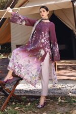 Maria B M.Prints Spring Summer Lawn ’26-9B plum unstitched embroidered printed lawn shirt with embroidered neckline, dyed/printed cambric trouser, and printed chiffon dupatta, front