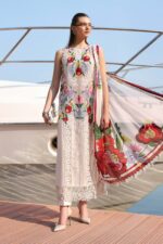 Maria B Unstitched Luxury Embroidered Lawn-10a off white jacquard 3 piece lawn suit with silk dupatta UK, full front look