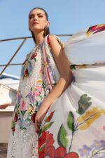 Maria B Unstitched Luxury Embroidered Lawn-10a off white jacquard 3 piece lawn suit with silk dupatta UK, side look