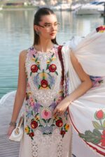 Maria B Unstitched Luxury Embroidered Lawn-10a off white jacquard 3 piece lawn suit with silk dupatta UK, shirt front neck design