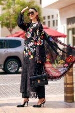 Maria B Unstitched Luxury Embroidered Lawn-10b black jacquard 3 piece lawn suit with silk dupatta UK, side look