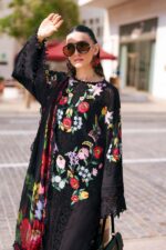 Maria B Unstitched Luxury Embroidered Lawn-10b black jacquard 3 piece lawn suit with silk dupatta UK, shirt neck design closeup