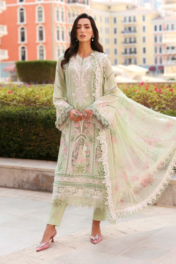 Maria B Unstitched Luxury Embroidered Lawn-11a3 apple green 3-piece suit with embroidered organza neck patch and printed chiffon dupatta UK