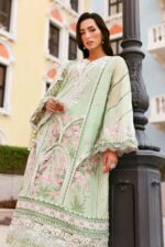 Maria B Unstitched Luxury Embroidered Lawn-11a3 apple green 3-piece suit with embroidered organza neck patch and printed chiffon dupatta UK. front close look