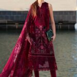 Maria B Unstitched Luxury Embroidered Lawn-11b maroon 3-piece suit with embroidered organza neck patch and printed chiffon dupatta UK