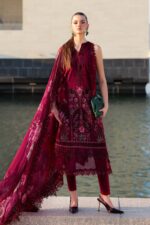Maria B Unstitched Luxury Embroidered Lawn-11b maroon 3-piece suit with embroidered organza neck patch and printed chiffon dupatta UK