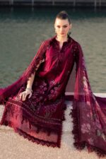 Maria B Unstitched Luxury Embroidered Lawn-11b maroon 3-piece suit with embroidered organza neck patch and printed chiffon dupatta UK, shirt close look