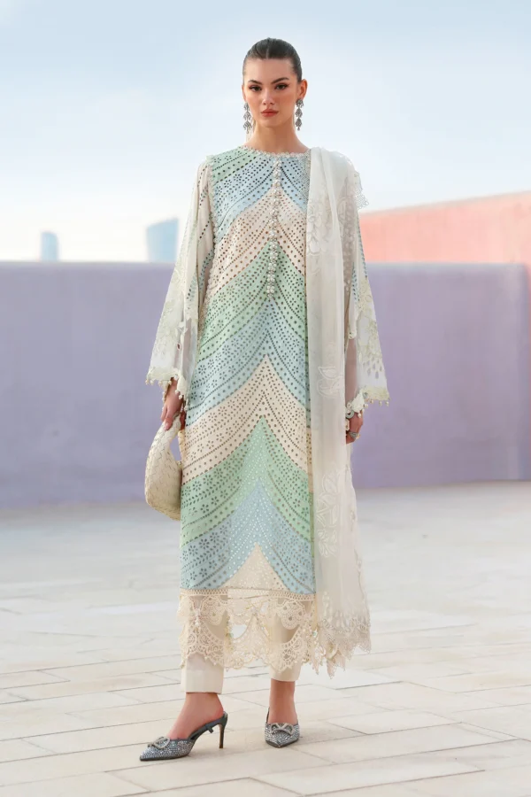 Maria B Unstitched Luxury Embroidered Lawn-12a sky blue 3-piece suit with organza sleeves and burnout dupatta UK