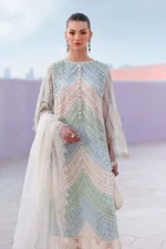 Maria B Unstitched Luxury Lawn-12a sky blue 3-piece suit with organza sleeves and burnout dupatta UK, shirt close look