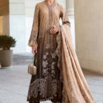 Maria B Unstitched Luxury Embroidered Lawn-1a coffee grey 3 piece lawn suit with silk dupatta UK