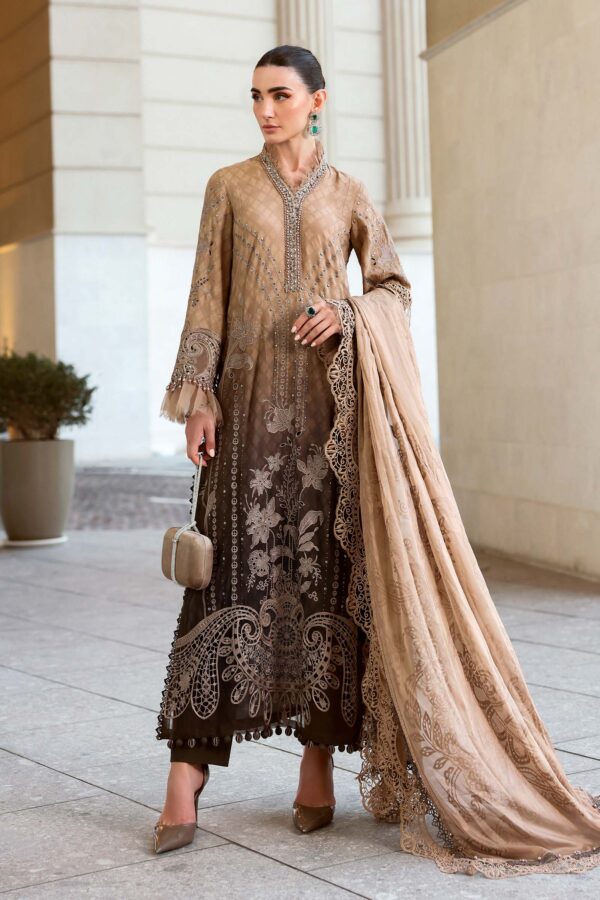 Maria B Unstitched Luxury Embroidered Lawn-1a coffee grey 3 piece lawn suit with silk dupatta UK
