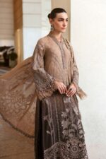 Maria B Unstitched Luxury Embroidered Lawn-1a coffee grey 3 piece lawn suit with silk dupatta UK, side look