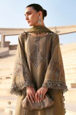Maria B Unstitched Luxury Embroidered Lawn-2a beige off white 3 piece lawn suit with chiffon dupatta UK, neck and sleeves design close look