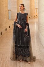 Maria B Unstitched Luxury Embroidered Lawn-2b black 3 piece lawn suit with chiffon dupatta UK, full front look