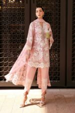 Maria B Unstitched Luxury Embroidered Lawn-3a pink off white 3 piece embroidered lawn suit with 3D flowers UK