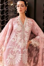 Maria B Unstitched Luxury Embroidered Lawn-3a pink off white 3 piece embroidered lawn suit with 3D flowers UK, shirt close look