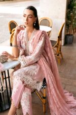 Maria B Unstitched Luxury Embroidered Lawn-3a pink off white 3 piece embroidered lawn suit with 3D flowers UK, close look in sitting position