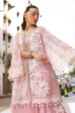 Maria B Unstitched Luxury Embroidered Lawn-3a pink off white 3 piece embroidered lawn suit with 3D flowers UK, shirt front closeup