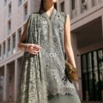 Maria B Unstitched Luxury Embroidered Lawn-3b dusty blue green 3 piece embroidered lawn suit with chantilly dupatta UK