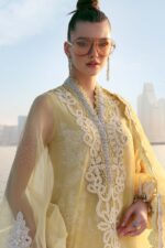 Maria B Unstitched Luxury Embroidered Lawn-4a yellow off white organza embroidered 3 piece suit UK, shirt closeup