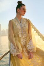 Maria B Unstitched Luxury Embroidered Lawn-4a yellow off white organza embroidered 3 piece suit UK, shirt & sleeves close look