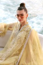 Maria B Unstitched Luxury Embroidered Lawn-4a yellow off white organza embroidered 3 piece suit UK, side look