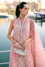 Maria B Unstitched Luxury Embroidered Lawn-4b pink off white organza embroidered 3 piece suit UK, shirt close look