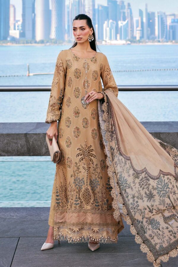 Maria B Unstitched Luxury Embroidered Lawn-5a mustard 3 piece jacquard lawn suit with silk dupatta UK