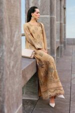 Maria B Unstitched Luxury Embroidered Lawn-5a mustard 3 piece jacquard lawn suit with silk dupatta UK, side look