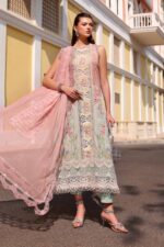 Maria B Unstitched Luxury Embroidered Lawn-6a pink & aqua 3-piece suit with 3D floral embroidery and net dupatta UK