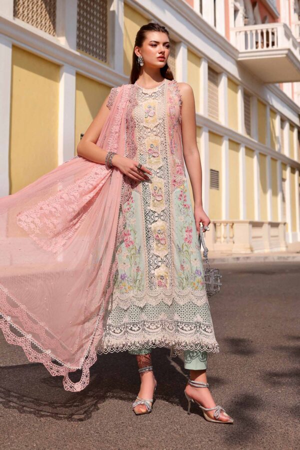 Maria B Unstitched Luxury Embroidered Lawn-6a pink & aqua 3-piece suit with 3D floral embroidery and net dupatta UK