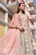 Maria B Unstitched Luxury Embroidered Lawn-6a pink & aqua 3-piece suit with 3D floral embroidery and net dupatta UK, shirt embroidery close look