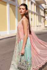 Maria B Unstitched Luxury Embroidered Lawn-6a pink & aqua 3-piece suit with 3D floral embroidery and net dupatta UK, side look