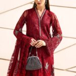 Maria B Unstitched Luxury Embroidered Lawn-7a red embroidered net 3 piece lawn suit with chiffon dupatta UK