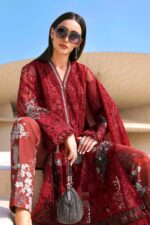 Maria B Unstitched Luxury Embroidered Lawn-7a red embroidered net 3 piece lawn suit with chiffon dupatta UK, close front look
