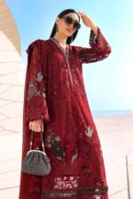 Maria B Unstitched Luxury Embroidered Lawn-7a red embroidered net 3 piece lawn suit with chiffon dupatta UK, shirt close look