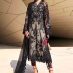 Maria B Unstitched Luxury Embroidered Lawn-7b black embroidered net 3 piece lawn suit with chiffon dupatta UK, full front look
